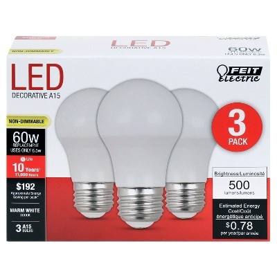 slide 1 of 1, Feit Electric A15 60-Watt LED Light Bulb Medium Base - Soft White, 3 ct