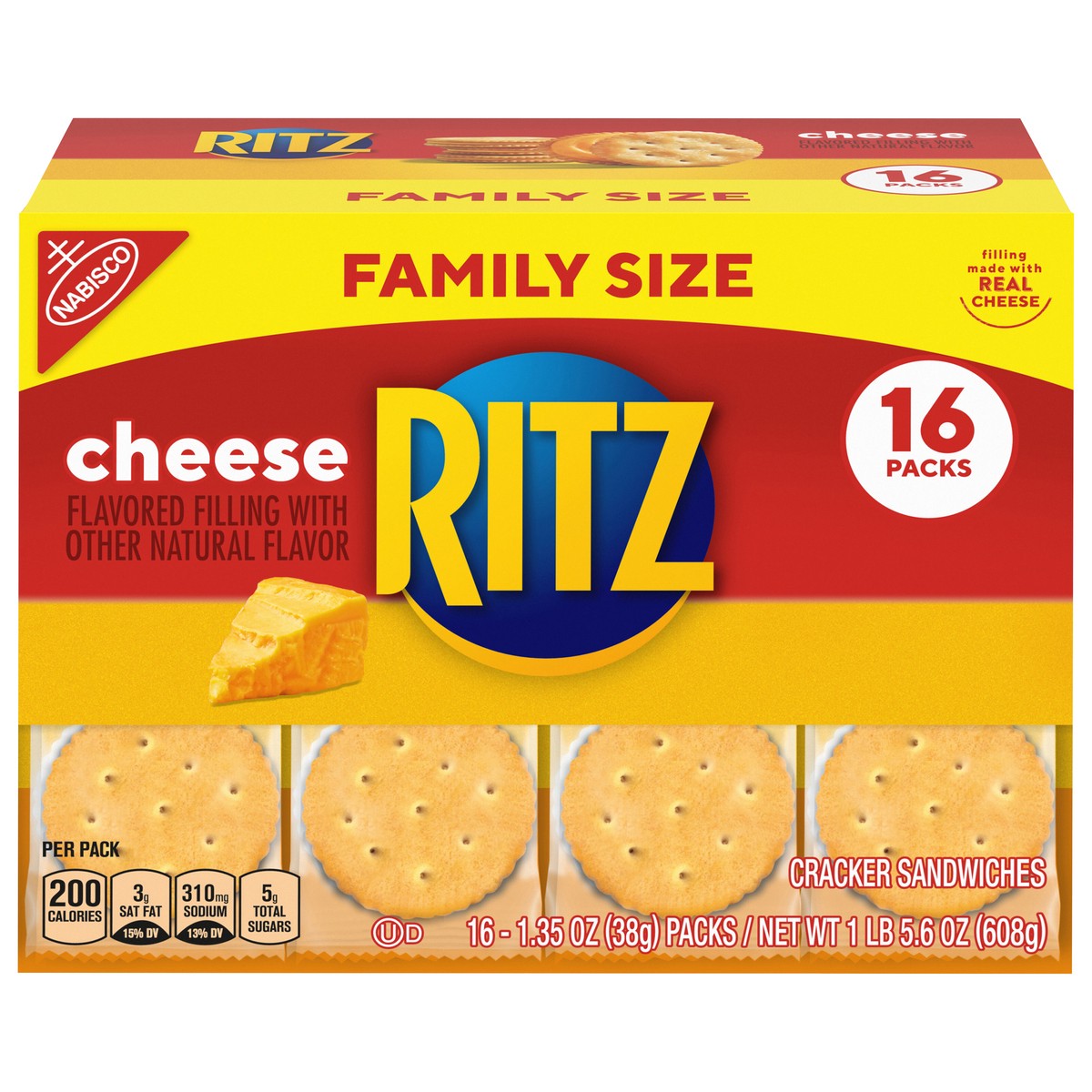 slide 1 of 9, RITZ Cheese Sandwich Crackers, Family Size, 16 - 1.35 oz Packs, 16 ct