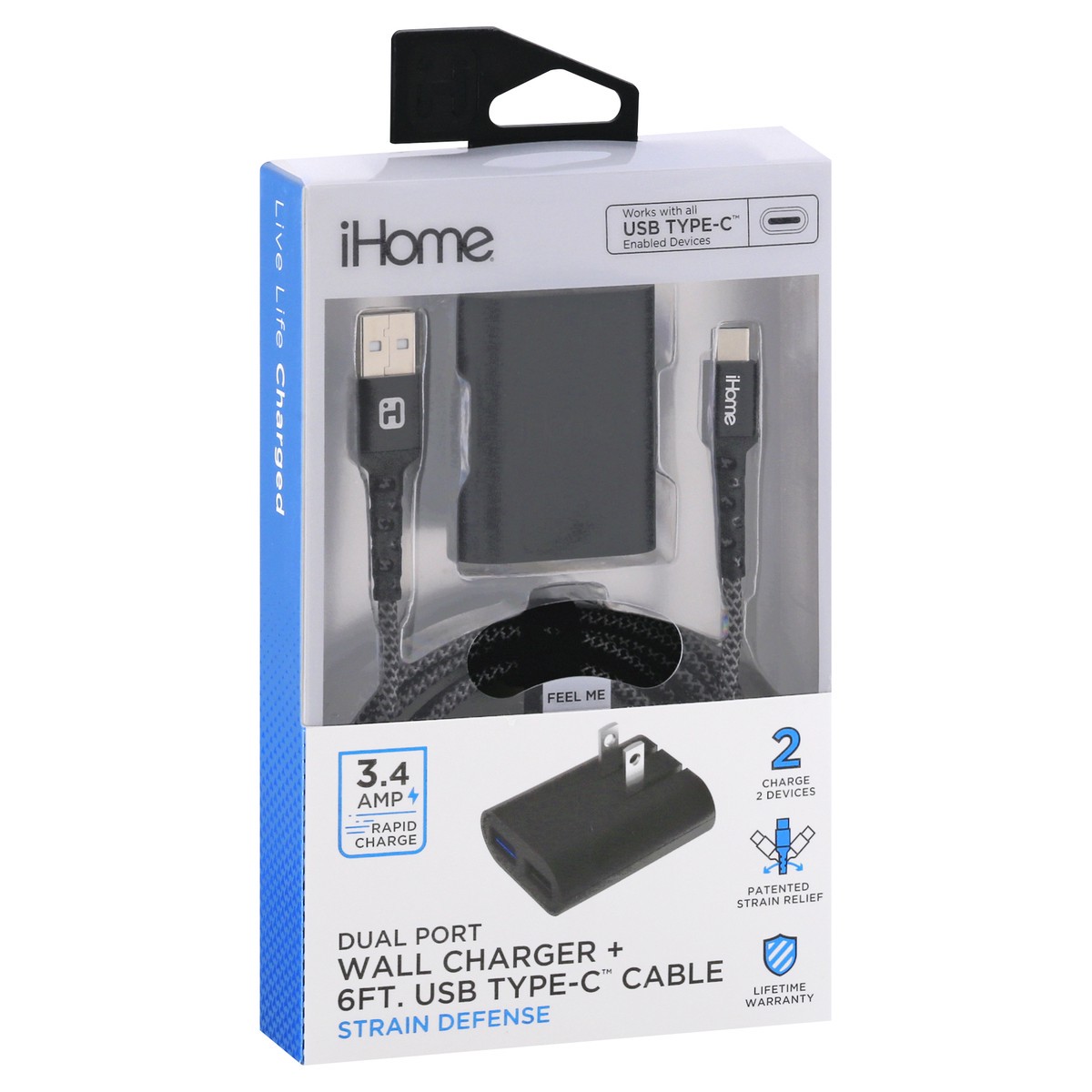 slide 5 of 11, iHome Dual Port Strain Defense Wall Charger + USB Type-C Cable 1 ea, 1 ct