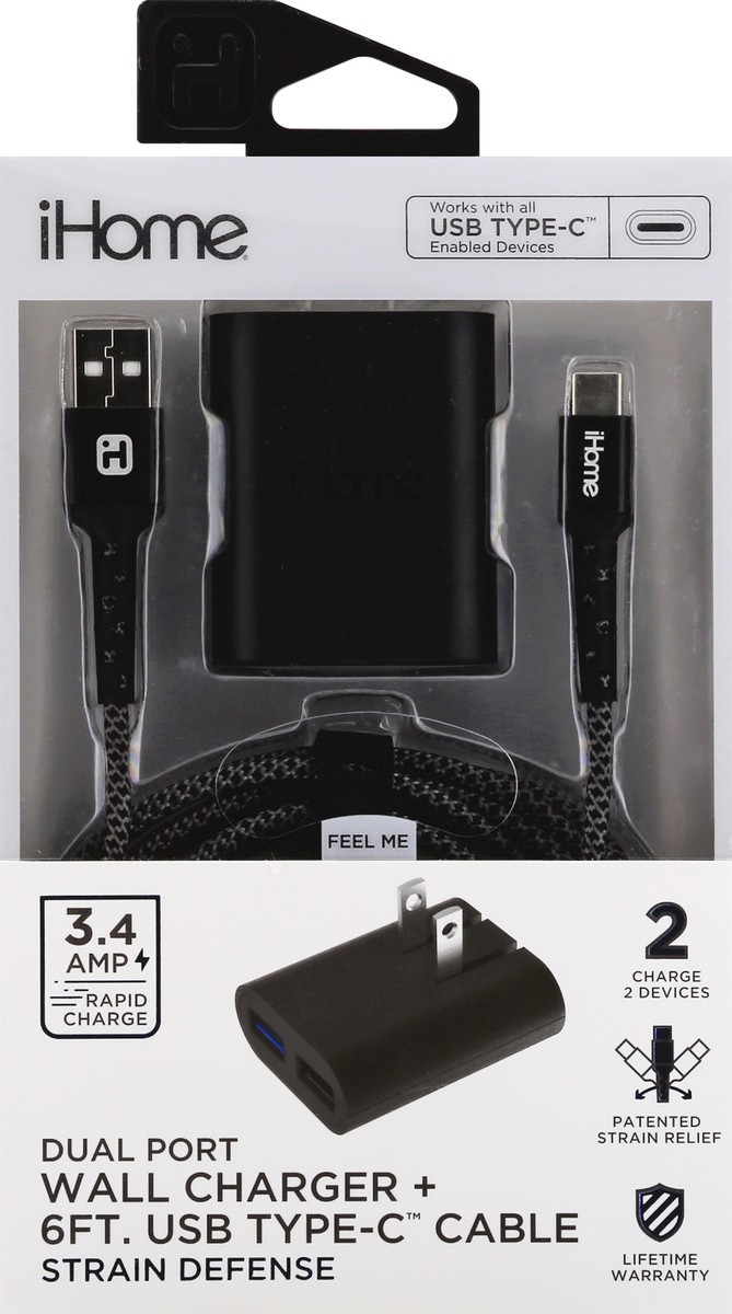 slide 10 of 11, iHome Dual Port Strain Defense Wall Charger + USB Type-C Cable 1 ea, 1 ct