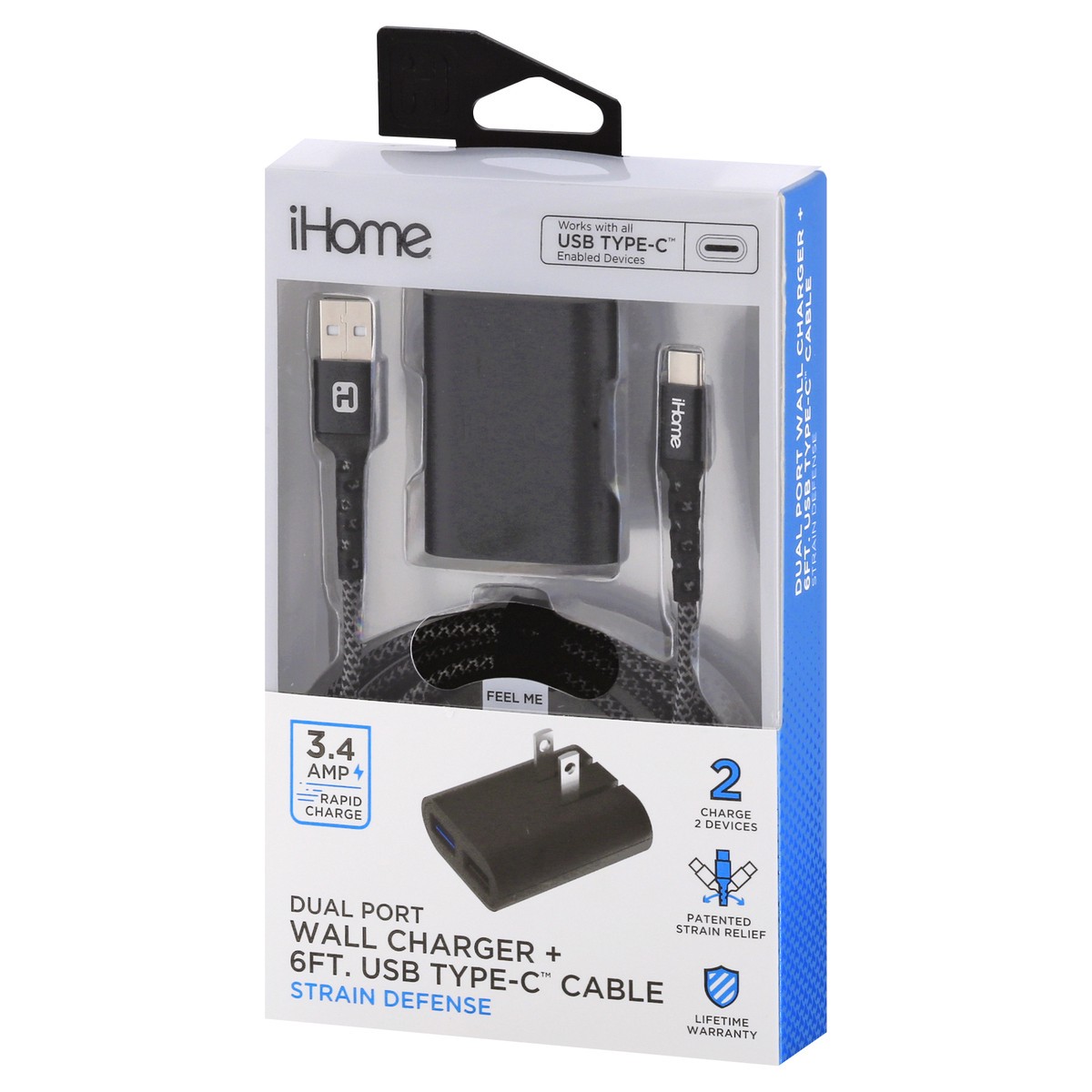 slide 7 of 11, iHome Dual Port Strain Defense Wall Charger + USB Type-C Cable 1 ea, 1 ct