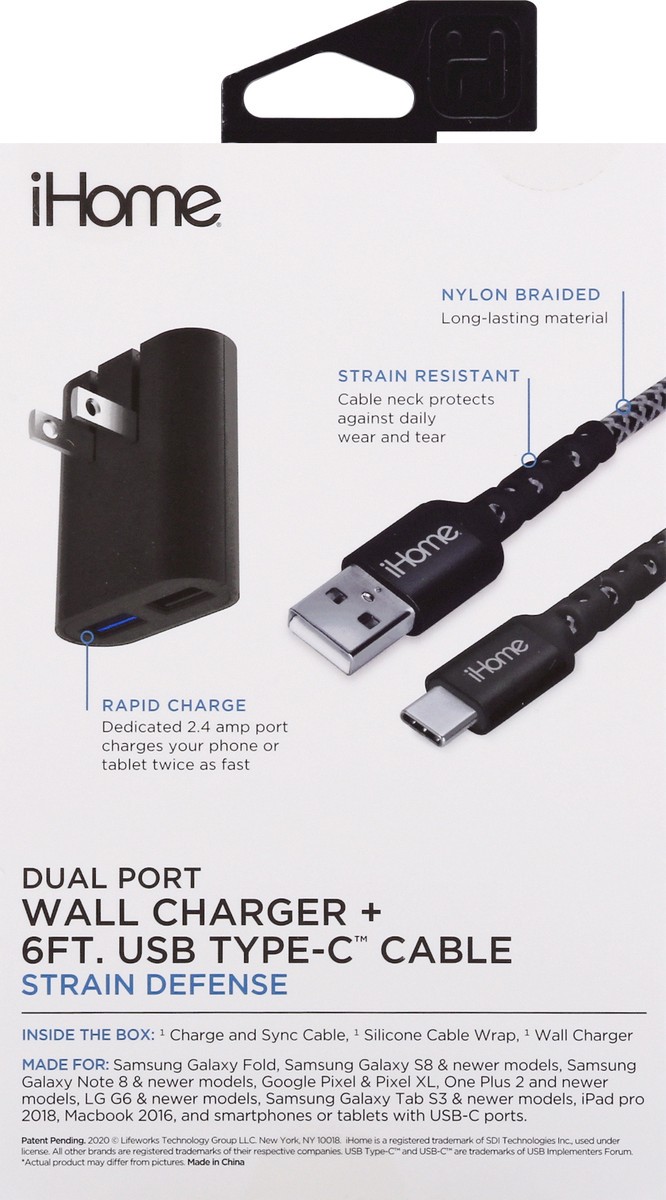 slide 6 of 11, iHome Dual Port Strain Defense Wall Charger + USB Type-C Cable 1 ea, 1 ct