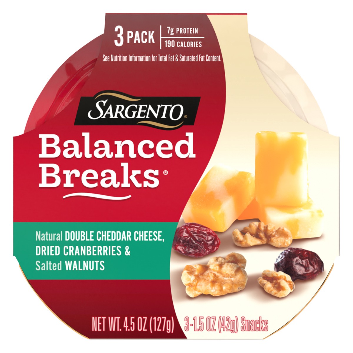 slide 11 of 14, Sargento Balanced Breaks with Natural Double Cheddar Cheese, Dried Cranberries and Salted Walnuts, 1.5 oz., 3-Pack, 4.5 oz