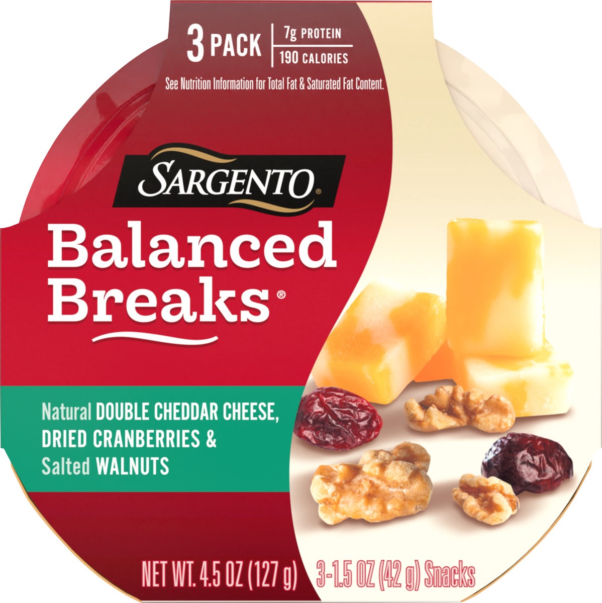 slide 14 of 14, Sargento Balanced Breaks with Natural Double Cheddar Cheese, Dried Cranberries and Salted Walnuts, 1.5 oz., 3-Pack, 4.5 oz