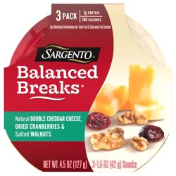 Sargento Balanced Breaks Natural Double Cheddar Cheese, Dried Cranberries and Salted Walnuts - 3 Pack