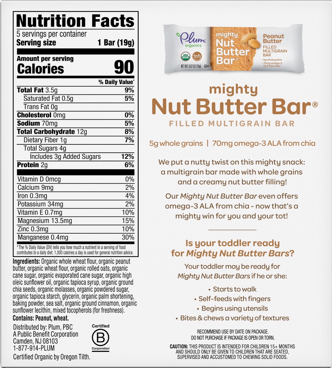 slide 5 of 9, Plum Organics Mighty Nut Butter Bar Peanut Butter .67oz Bars/5-Count Box, 5 ct