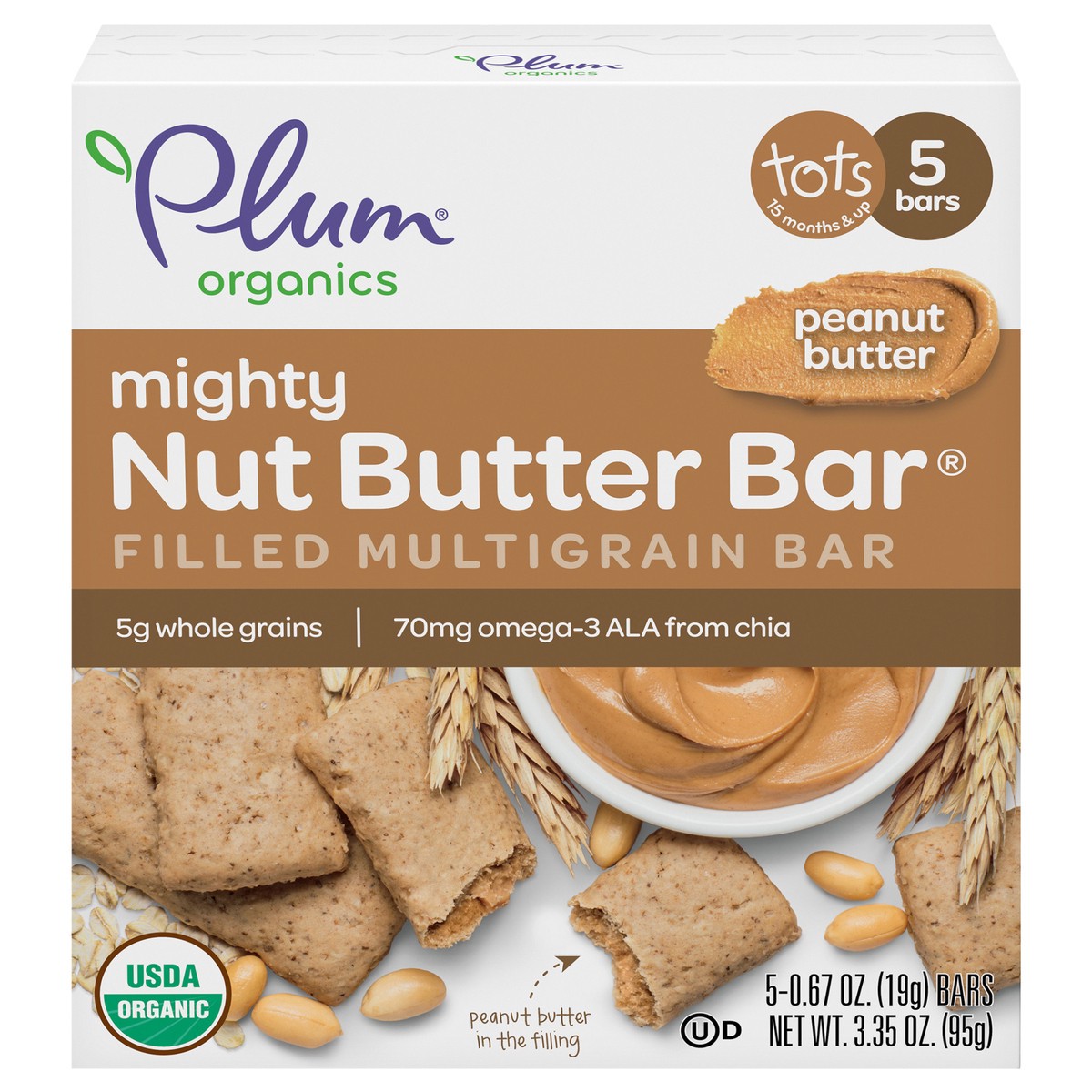 slide 1 of 9, Plum Organics Mighty Nut Butter Bar Peanut Butter .67oz Bars/5-Count Box, 5 ct