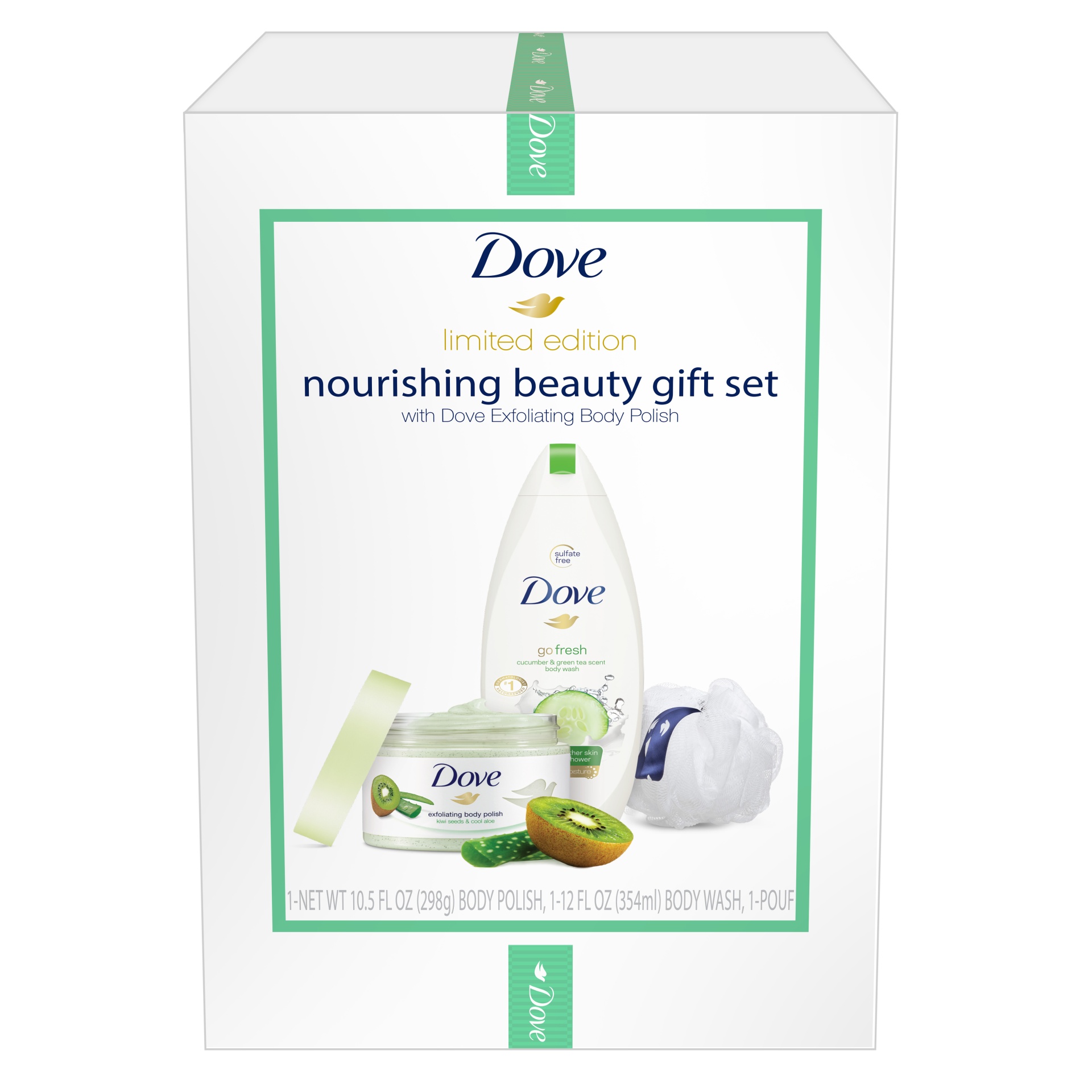 slide 1 of 1, Dove Limited Edition Beauty Gift Set Kiwi Seeds and Cool Moisture Exfoliating Body Polish and Moisturizing Body Wash with FREE Body Pouf, 3 ct