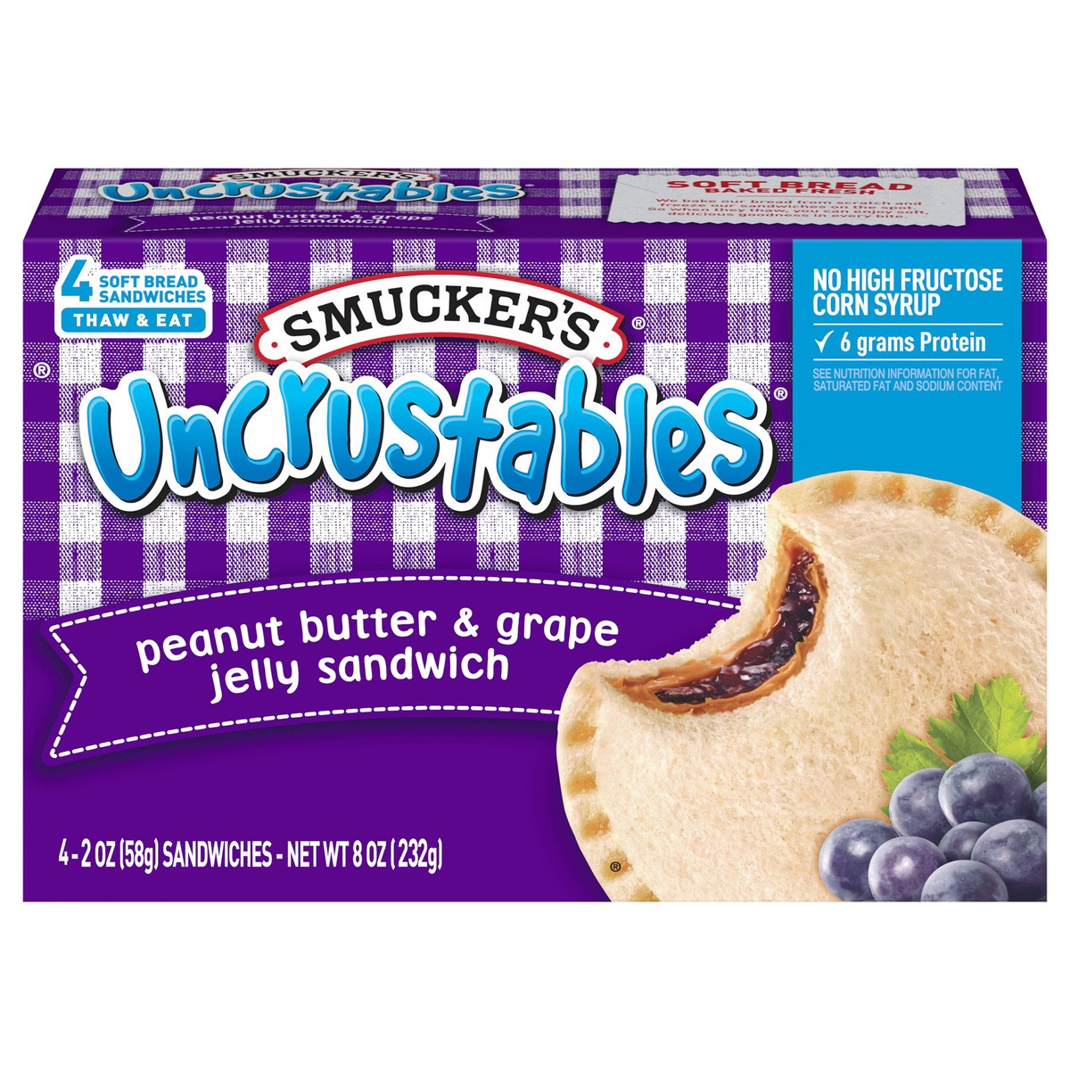 slide 1 of 9, Smucker's Uncrustables Peanut Butter & Grape Jelly Sandwich, 4-Count Pack, 4 ct; 2 oz