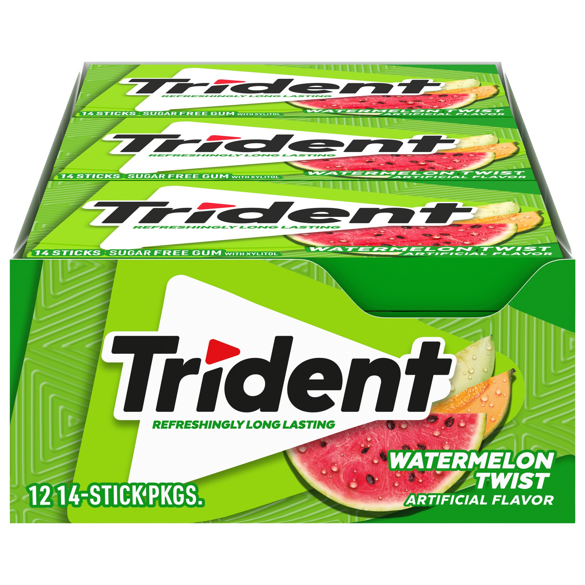 slide 1 of 9, Trident Watermelon Twist Sugar Free Gum, 12 Packs of 14 Pieces (168 Total Pieces), 0.71 lb