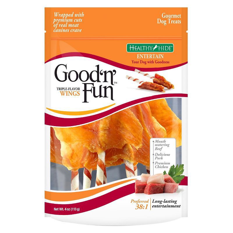 slide 1 of 9, Good 'n' Fun Wings Triple Flavor Snacks for All Dogs 4.0 oz, 4 oz