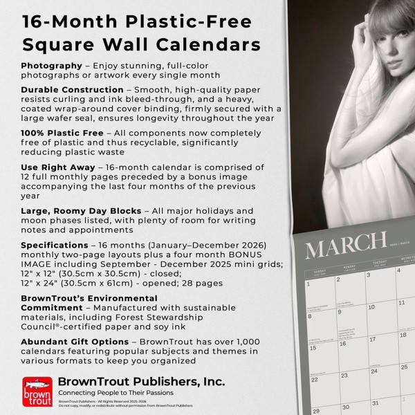 slide 5 of 9, BrownTrout 2026 BrownTrout Taylor Swift OFFICIAL Monthly Plastic-Free Square Wall Calendar, 12"" x 12"", Entertainment, January to December 2026, 9798330707713, 1 ct