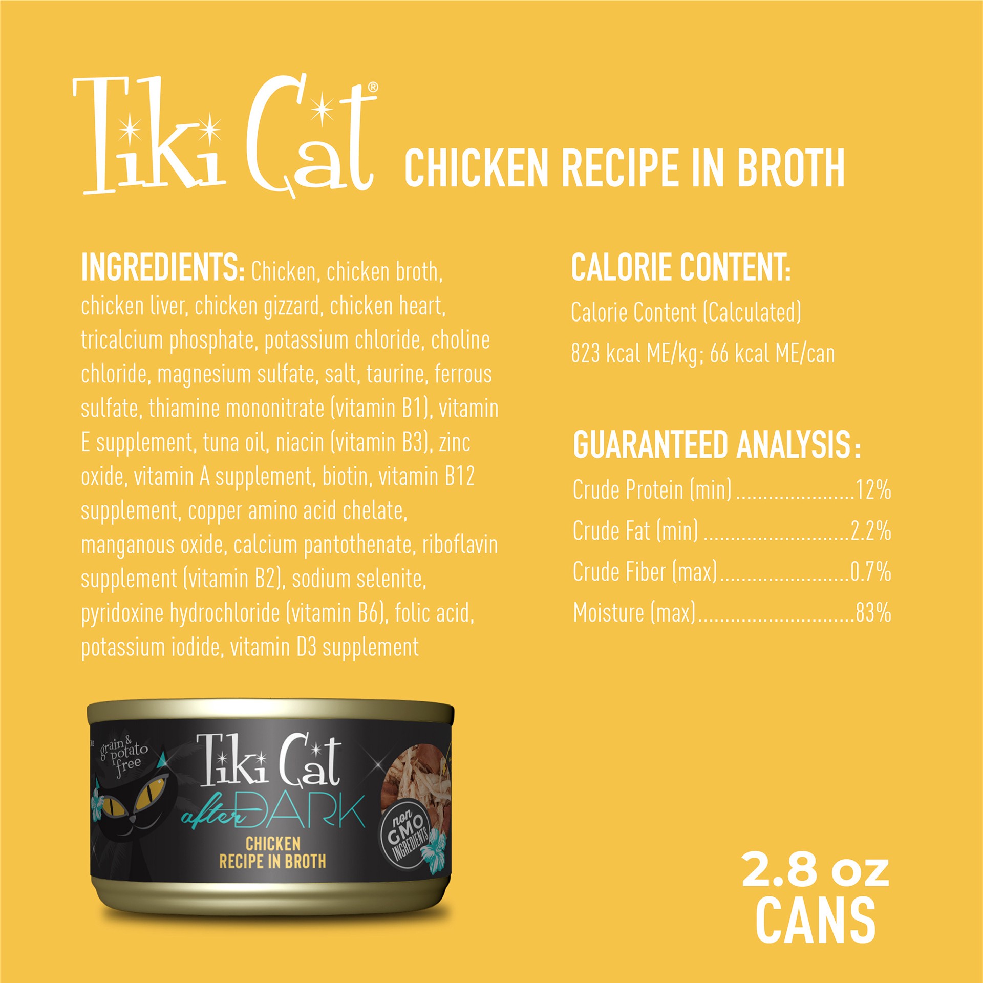 slide 2 of 8, Tiki Cat After Dark Whole Foods Wet Cat Food, Chicken, 2.8 oz. Can (12 Count), 2.8 oz