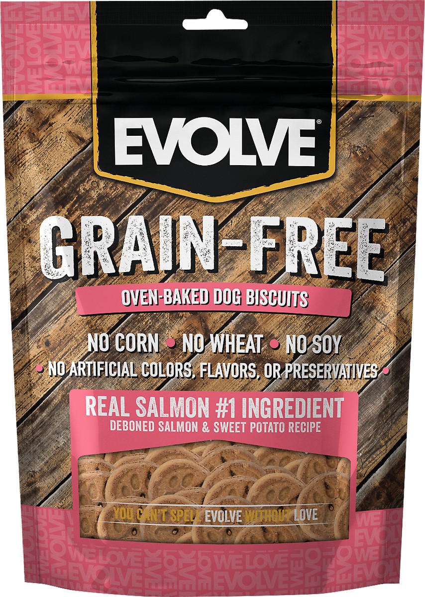 slide 3 of 3, Evolve Grain-Free Oven-Baked Deboned Salmon, & Sweet Potato Recipe Dog Biscuits 1 ea, 1 ct