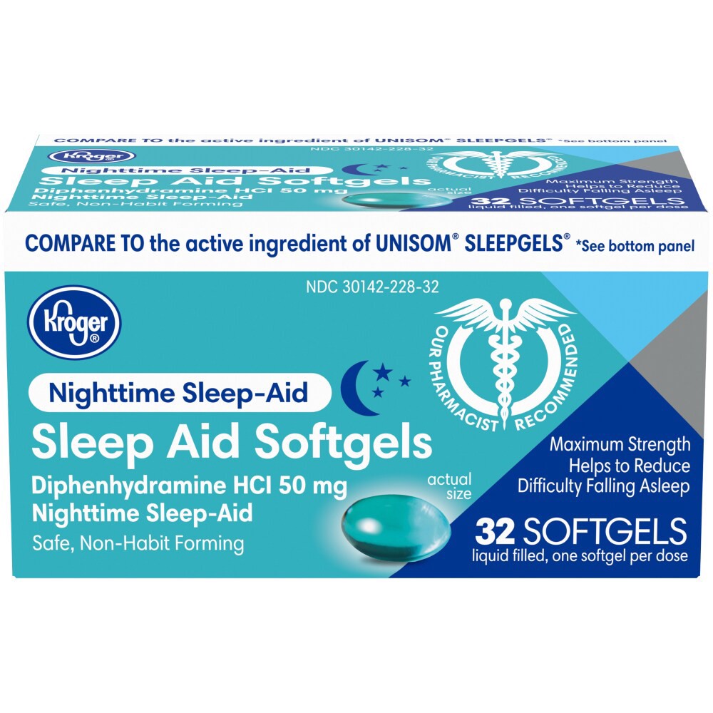 slide 1 of 6, Kroger Maximum Strength Nighttime Sleep-Aid Liquid Filled Softgels, 32 ct