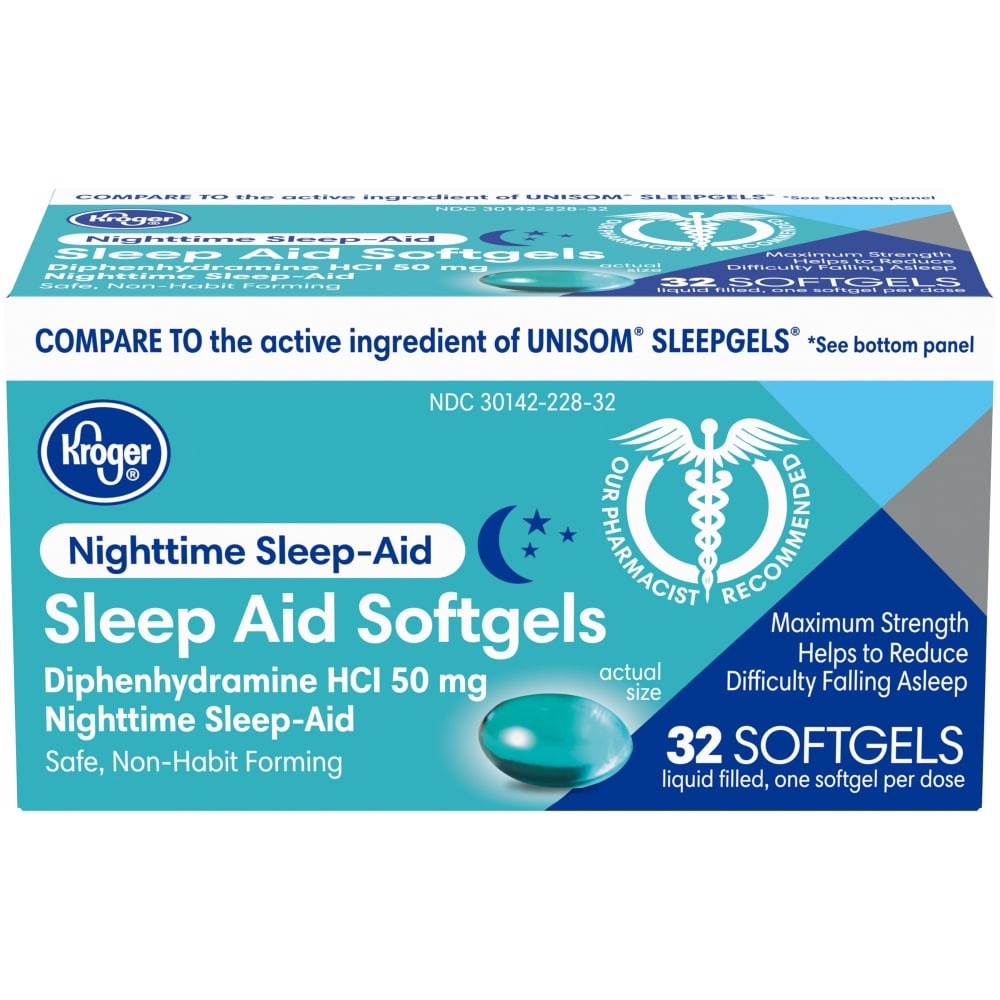 slide 1 of 1, Kroger Maximum Strength Nighttime Sleep-Aid Liquid Filled Softgels, 32 ct