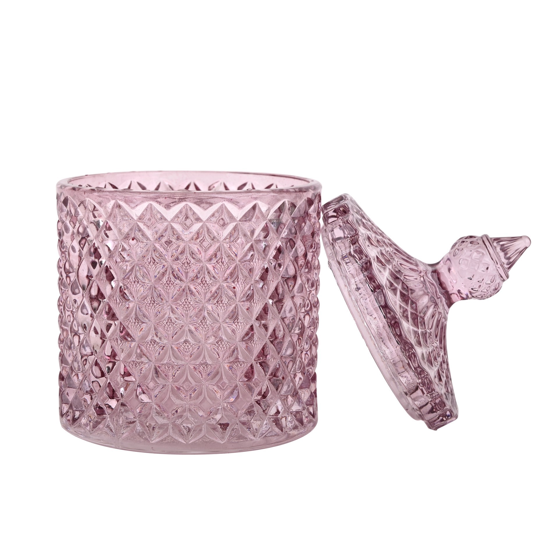slide 3 of 3, 5" Pink Diamond Beveled Glass Container With Lid By Ashland, 3.35 in x 3.35 in x 5.39 in