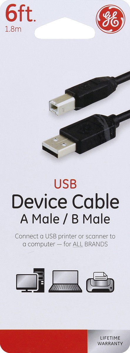 slide 2 of 2, GE USB Device Cable, A Male/B Male, 6 Feet, 1 ct