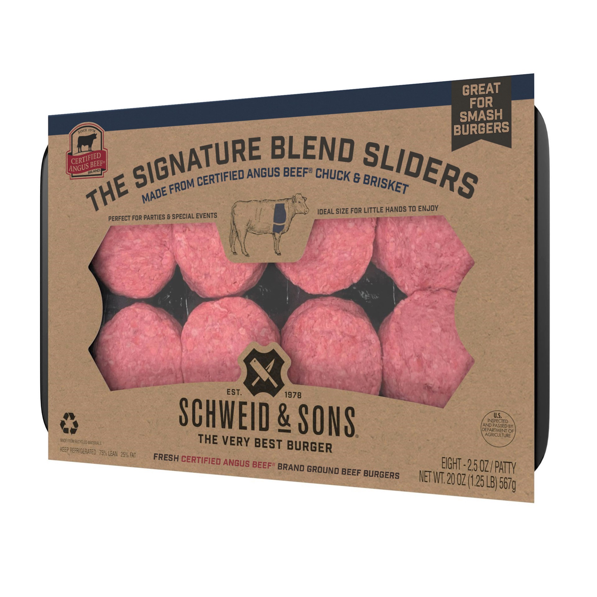 slide 3 of 8, Schweid & Sons Certified Angus Beef The Signature Blend 2.5 oz Sliders, 2.5 oz