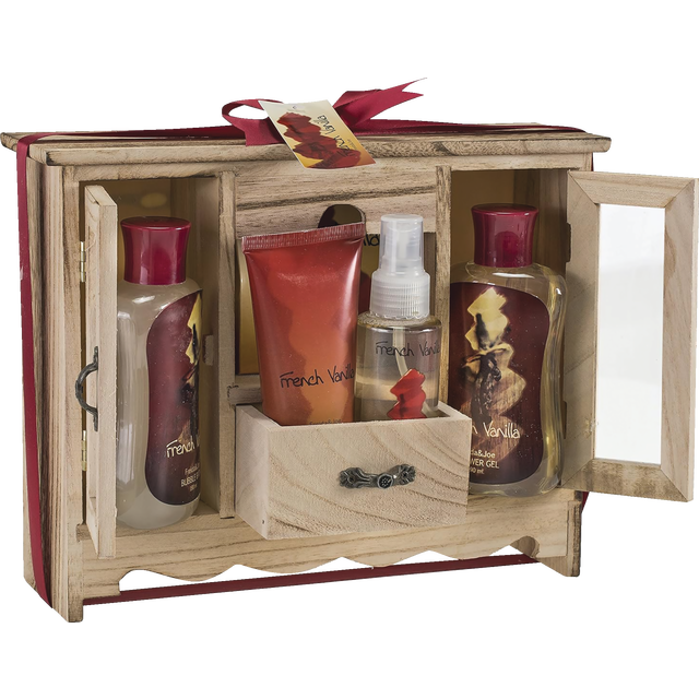 slide 1 of 1, FREIDA & JOE French Vanilla Spa Skin Care Gift Set In Natural Wood Curio, 1 ct