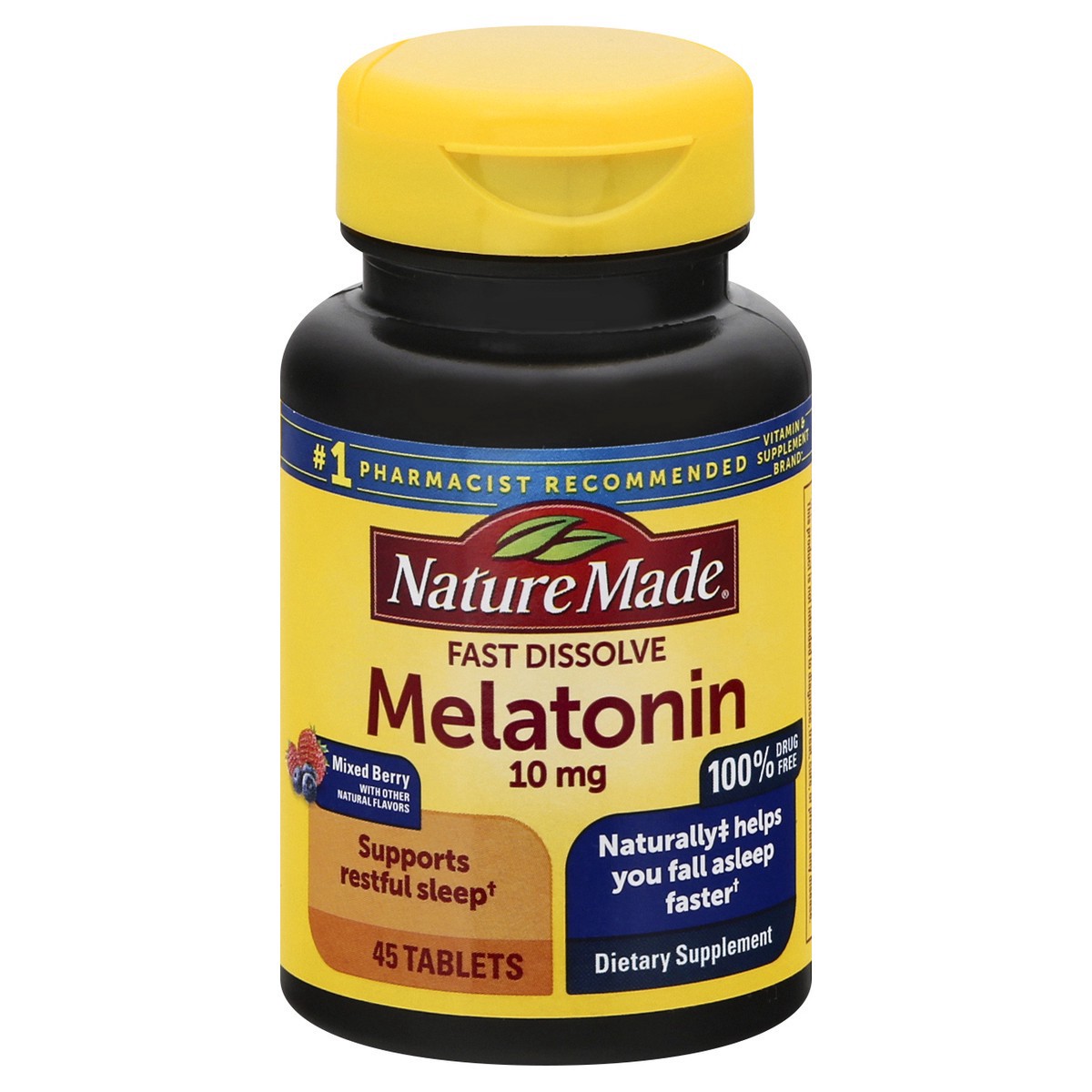 slide 7 of 12, Nature Made Fast Dissolve Melatonin 10mg, Maximum Strength 100% Drug Free Sleep Aid for Adults, 45 Tablets, 45 Day Supply, 45 ct