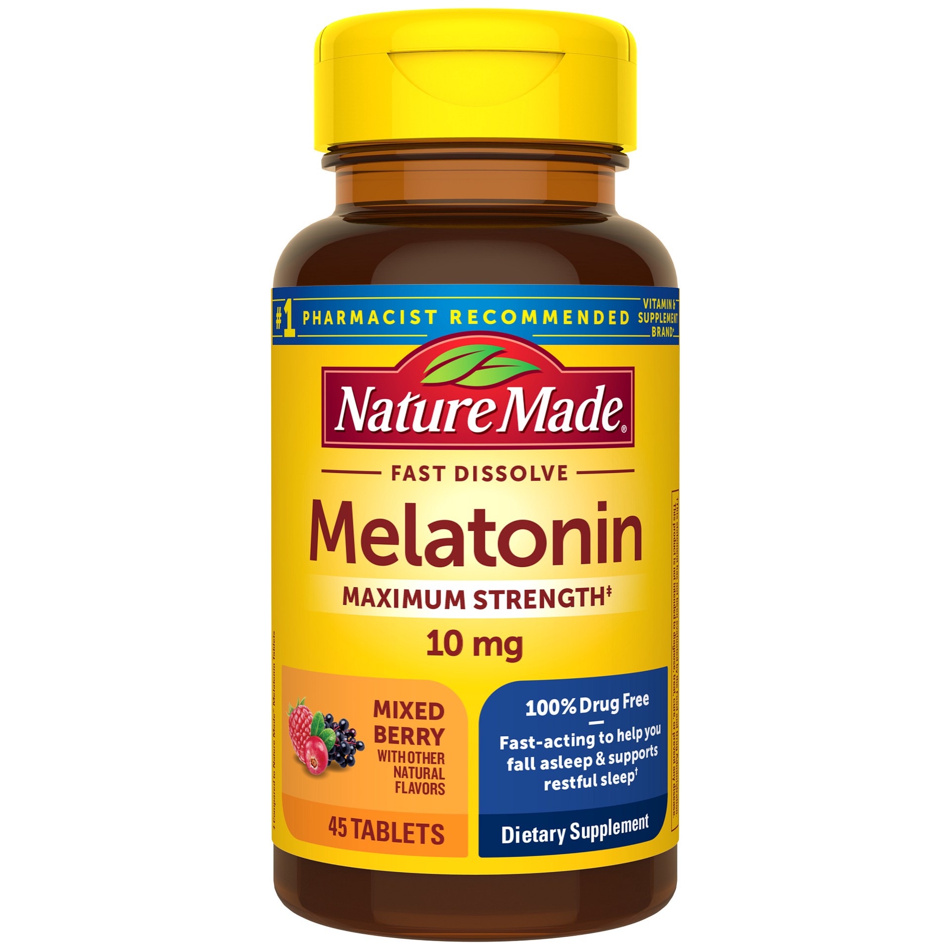 slide 1 of 12, Nature Made Fast Dissolve Melatonin 10mg, Maximum Strength 100% Drug Free Sleep Aid for Adults, 45 Tablets, 45 Day Supply, 45 ct