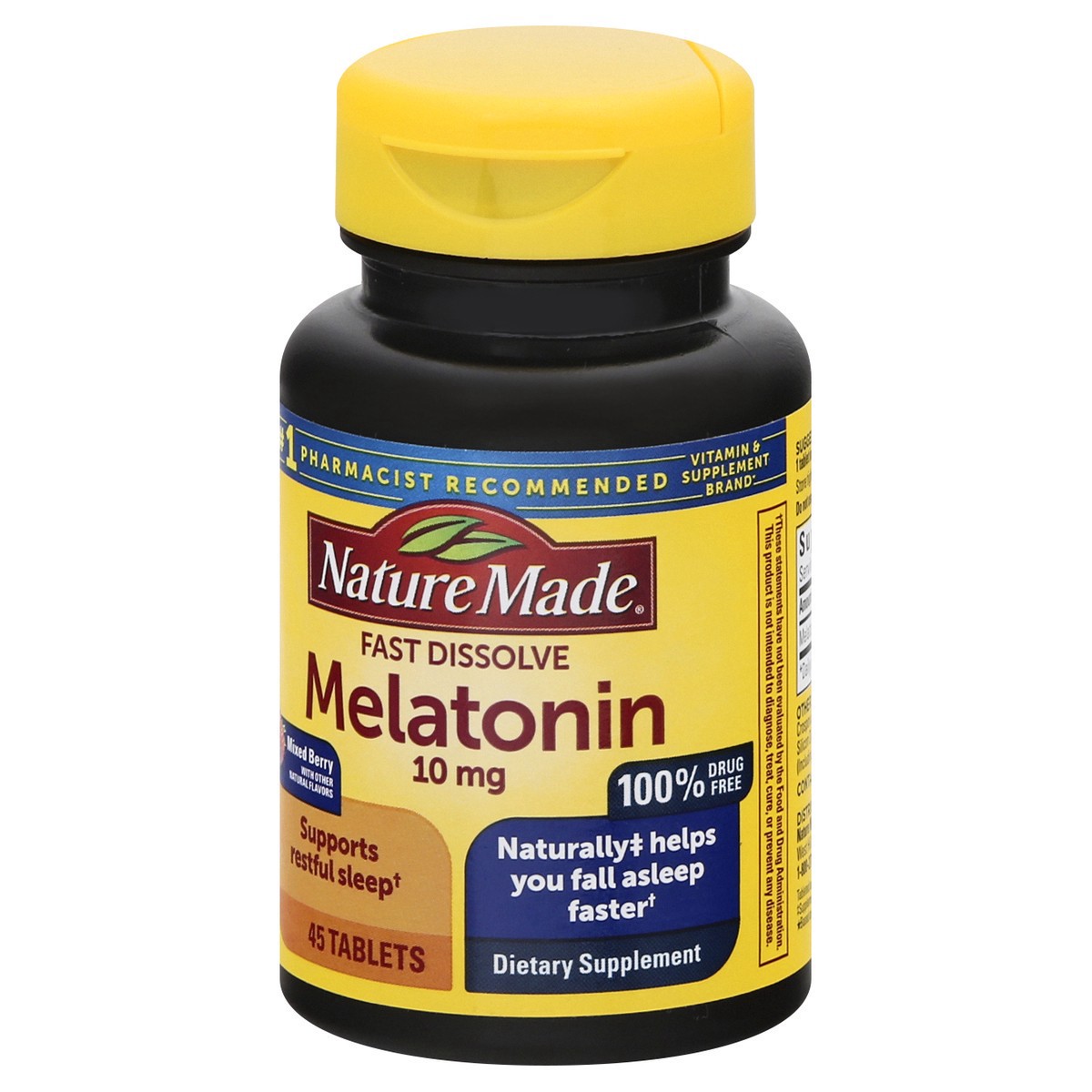 slide 12 of 12, Nature Made Fast Dissolve Melatonin 10mg, Maximum Strength 100% Drug Free Sleep Aid for Adults, 45 Tablets, 45 Day Supply, 45 ct