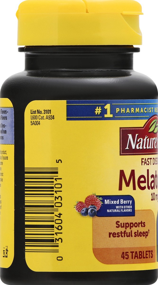 slide 2 of 12, Nature Made Fast Dissolve Melatonin 10mg, Maximum Strength 100% Drug Free Sleep Aid for Adults, 45 Tablets, 45 Day Supply, 45 ct