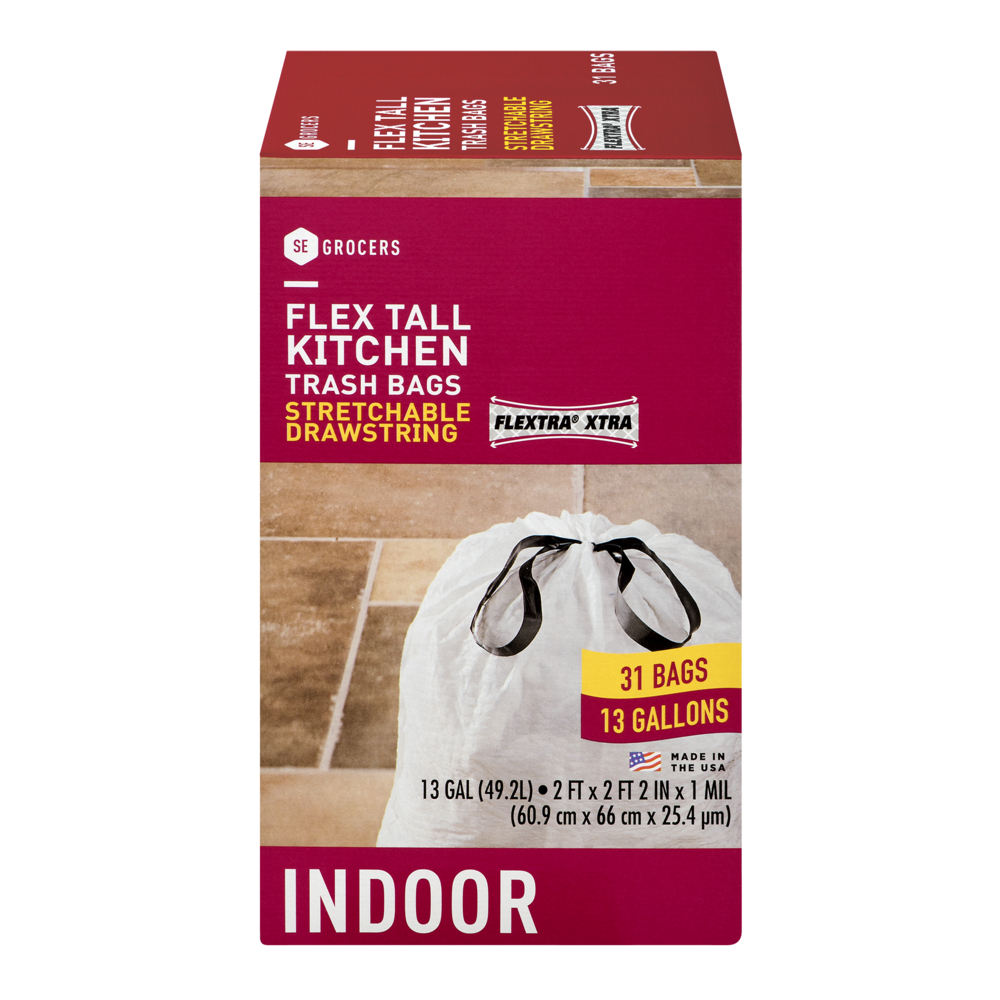 slide 1 of 1, SE Grocers Flex Tall Kitchen Trash Bags Stretchable Drawstring Flextra Indoor, 31 ct