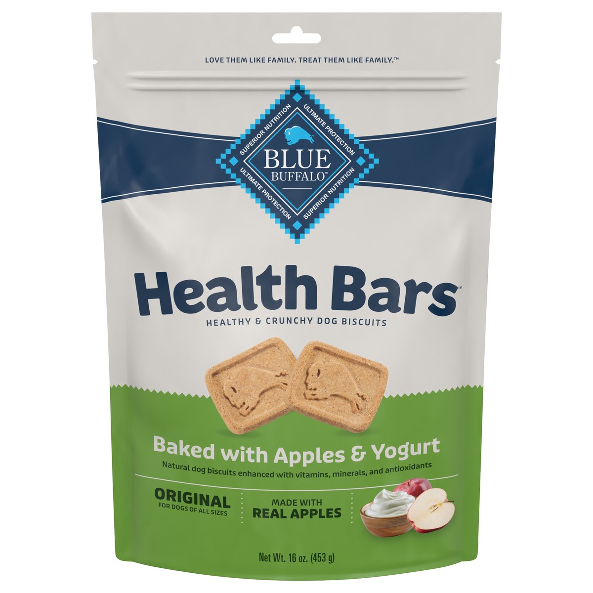 slide 1 of 17, Blue Buffalo Health Bars Crunchy Dog Biscuits, Oven-Baked With Natural Ingredients, Apples & Yogurt, 16-oz. Bag, 16 oz