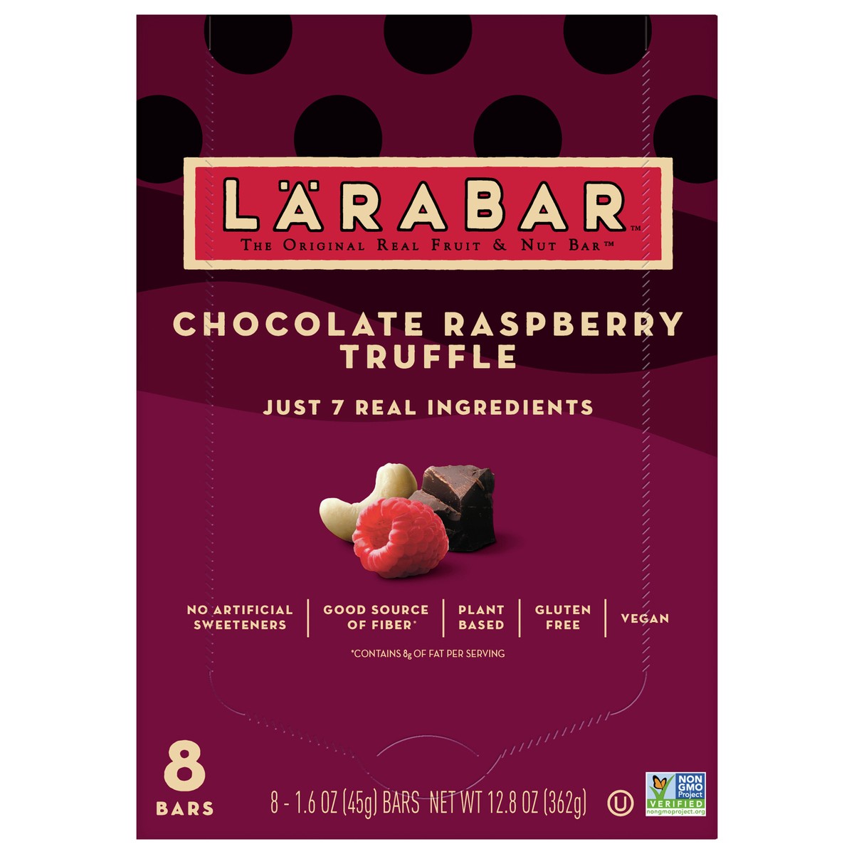 slide 1 of 9, LÄRABAR Chocolate Raspberry Truffle, Gluten Free Vegan Fruit Nut Bars, 8 ct, 8 ct