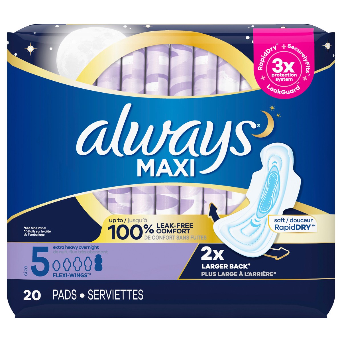 slide 1 of 3, Always Maxi Extra Heavy Overnight Pads with Wings - Size 5, 20 ct