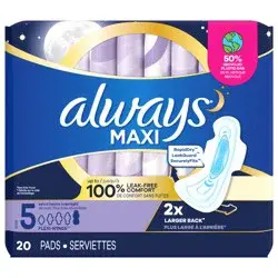 Always Maxi Overnight Pads with Wings for Women, Size 5, Extra Heavy Overnight Absorbency, Unscented 20 Count