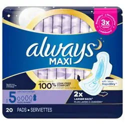 Always Maxi Overnight Pads with Wings for Women, Size 5, Extra Heavy Overnight Absorbency, Unscented 20 Count