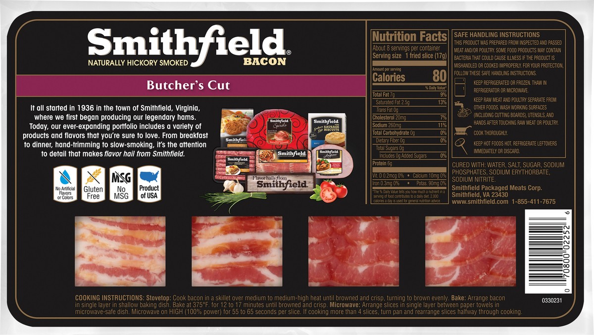 slide 8 of 10, Smithfield Naturally Hickory Smoked Butcher's Cut Bacon, 16 oz