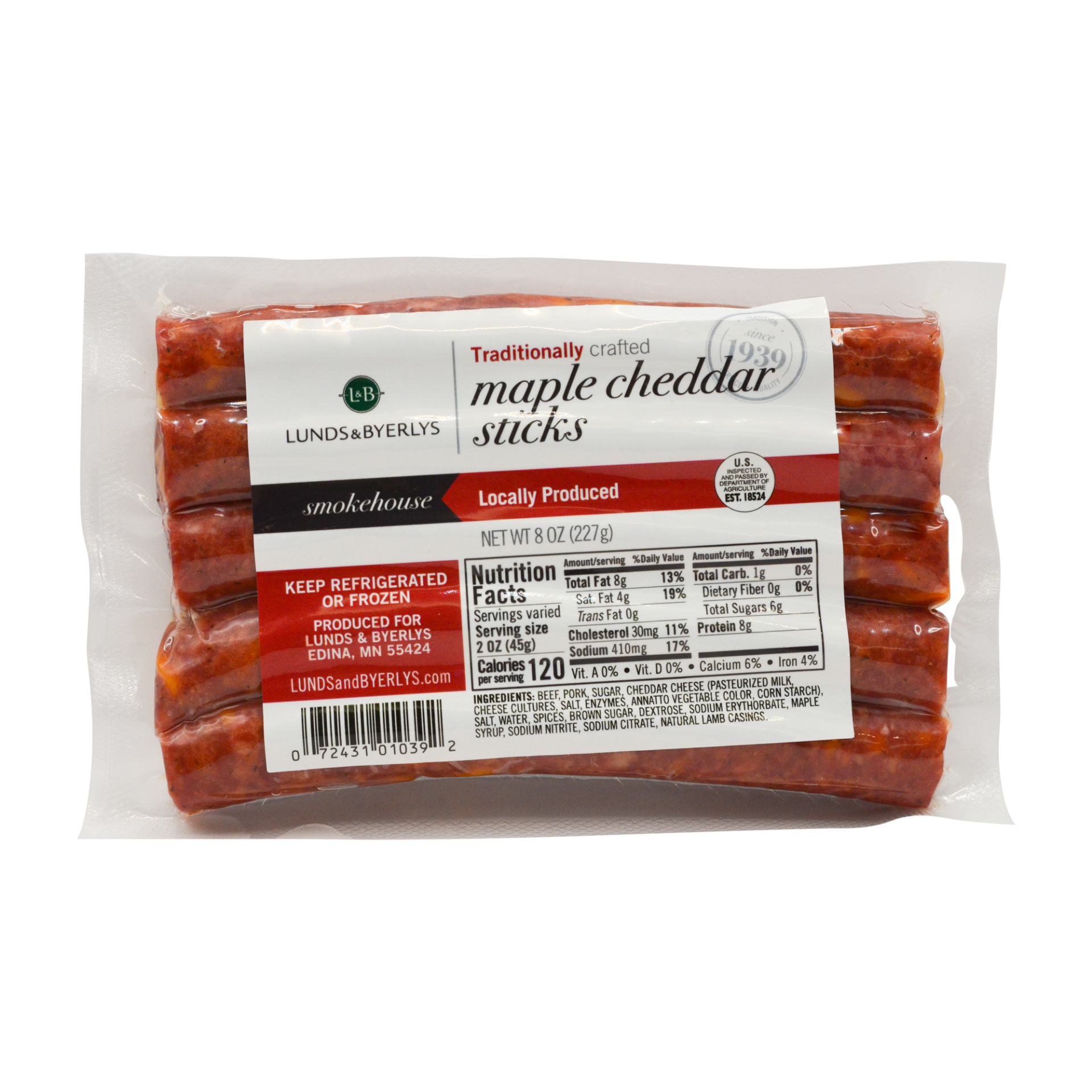 slide 1 of 1, L&B Maple Cheddar Smoked Sausage Snack Sticks, 8 oz
