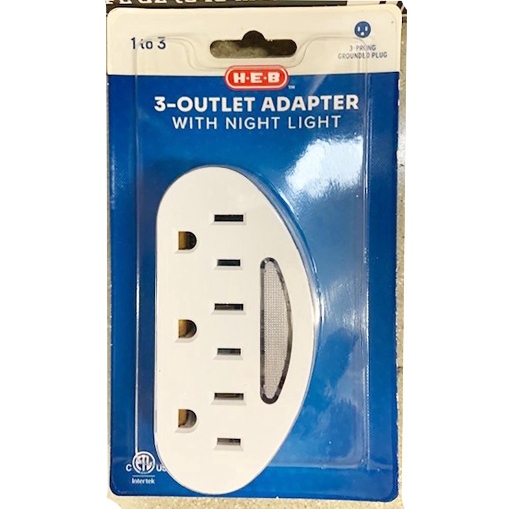 slide 1 of 1, H-E-B 3-Outlet Adapter with Night Light, 1 ct