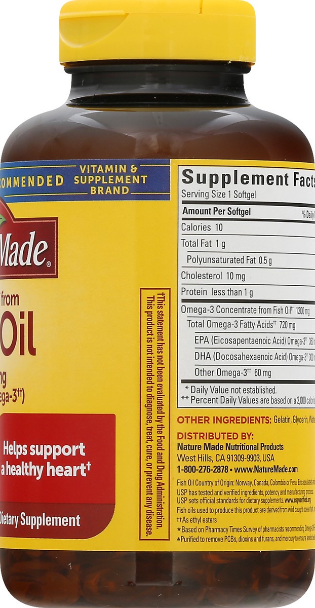 slide 8 of 12, Nature Made Omega 3 Fish Oil 1200 mg, Fish Oil Supplements as Ethyl Esters, Omega 3 Fish Oil for Healthy Heart, Brain and Eyes Support, One Per Day, Omega 3 Supplement with 100 Softgels, 100 ct