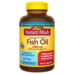 Nature Made Fish Oil Omega 3 Supplements, Omega 3 Fish Oil as Ethyl Esters 1200 mg Softgels, EPA DHA Supplement for Healthy Heart, Brain, Eye Support, One Per Day, 100 Softgels