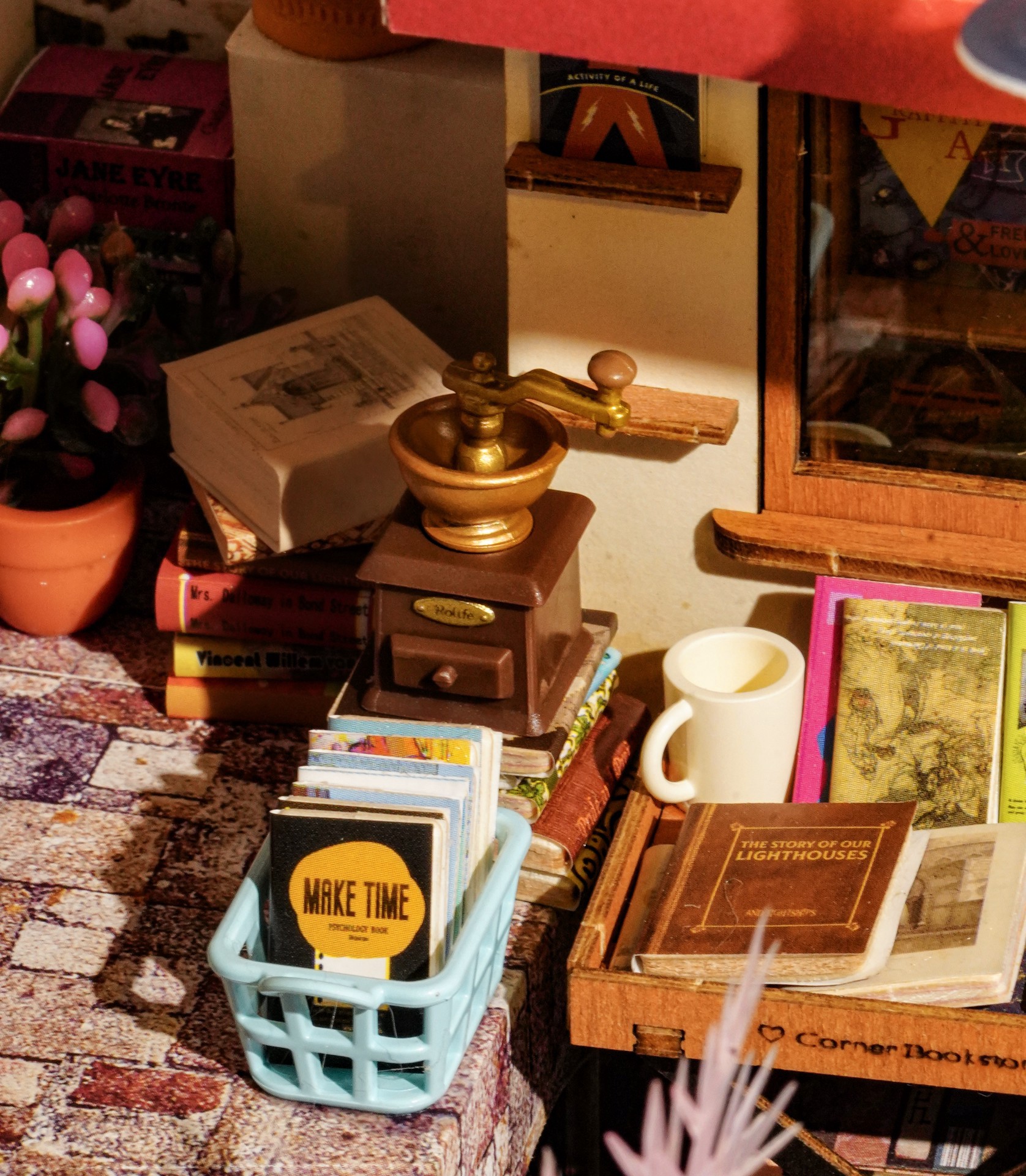 slide 4 of 9, Robotime Rolife Corner Bookstore Diy Miniature House Kit, 7 in x 6.5 in x 10 in