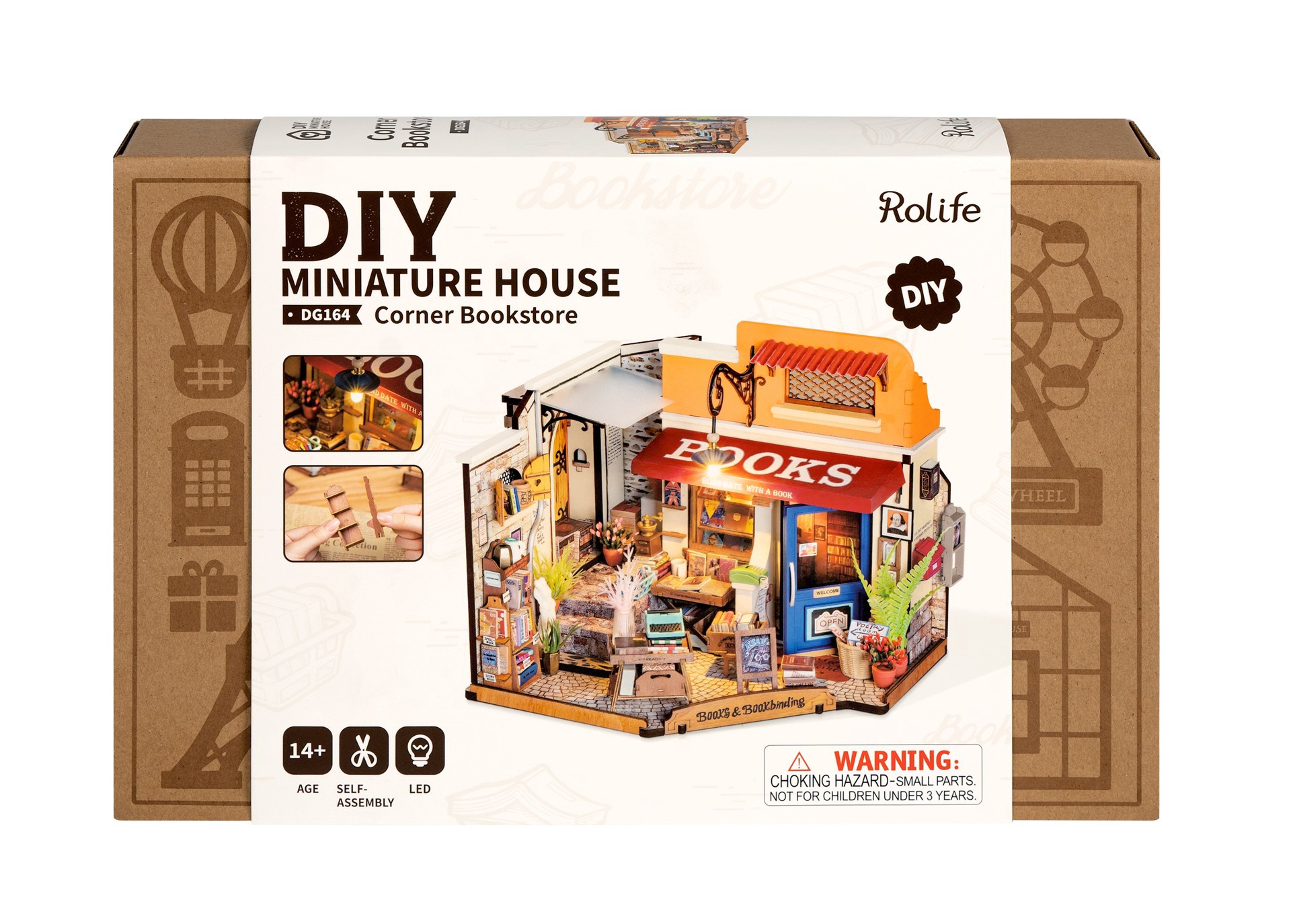 slide 2 of 9, Robotime Rolife Corner Bookstore Diy Miniature House Kit, 7 in x 6.5 in x 10 in