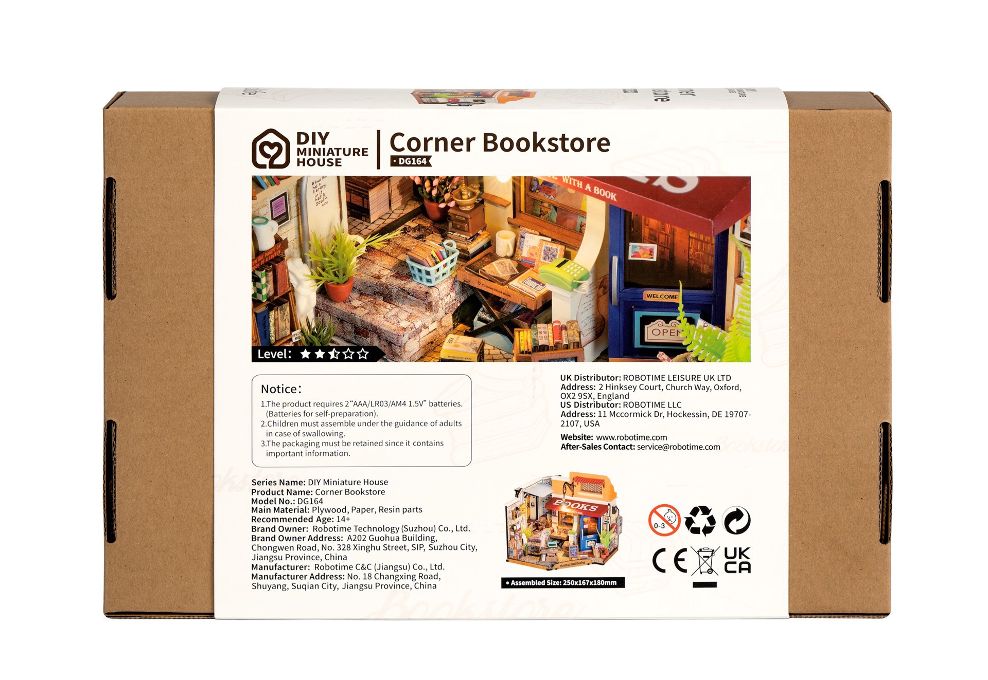 slide 9 of 9, Robotime Rolife Corner Bookstore Diy Miniature House Kit, 7 in x 6.5 in x 10 in