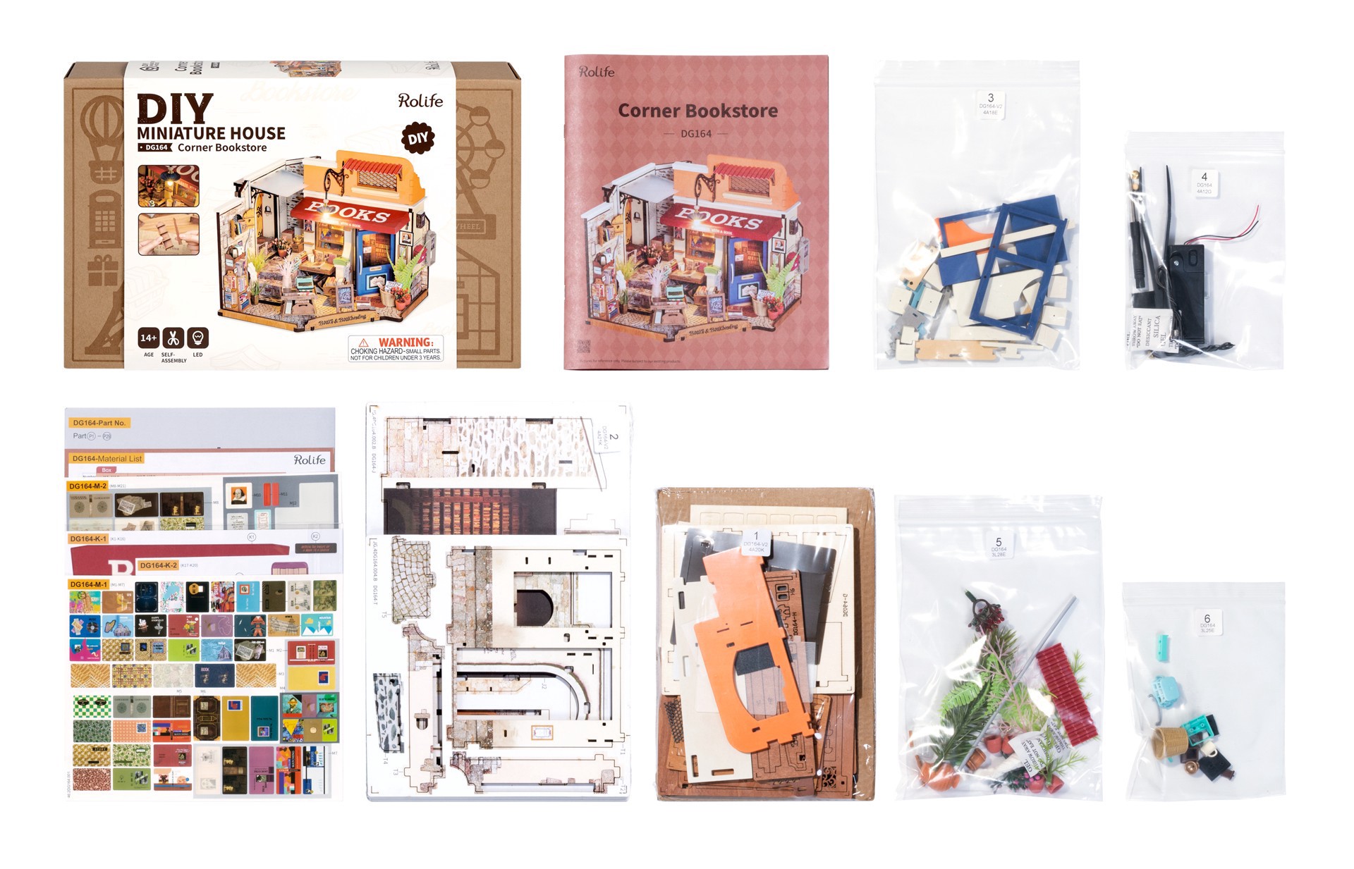 slide 7 of 9, Robotime Rolife Corner Bookstore Diy Miniature House Kit, 7 in x 6.5 in x 10 in