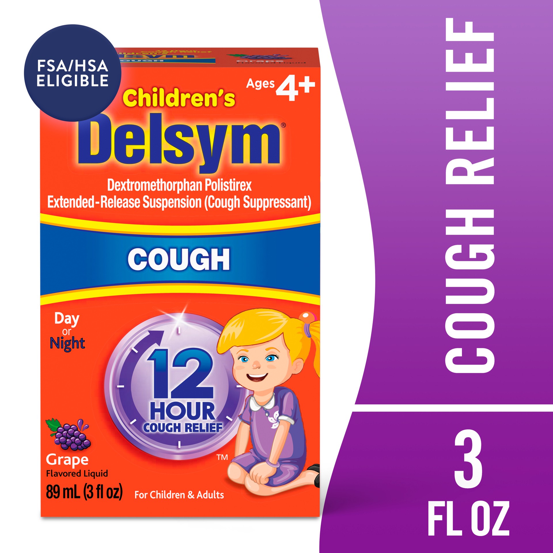 slide 1 of 9, Delsym Children's Cough Suppressant Liquid, Grape Flavor, 3 Ounce, 3 oz