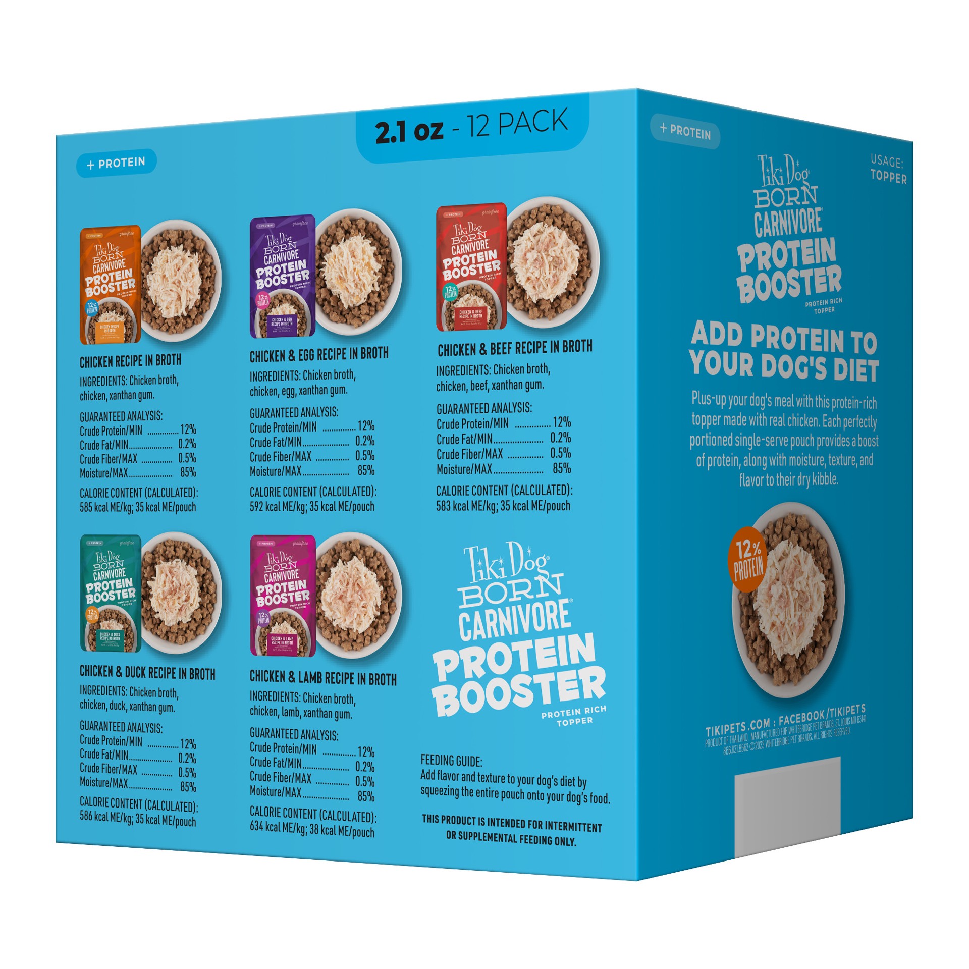 slide 4 of 7, Tiki Dog Born Carnivore Protein Booster opper, Variety Pack Dog Food Topper, 2.1 oz., Count of 12, 1 ct