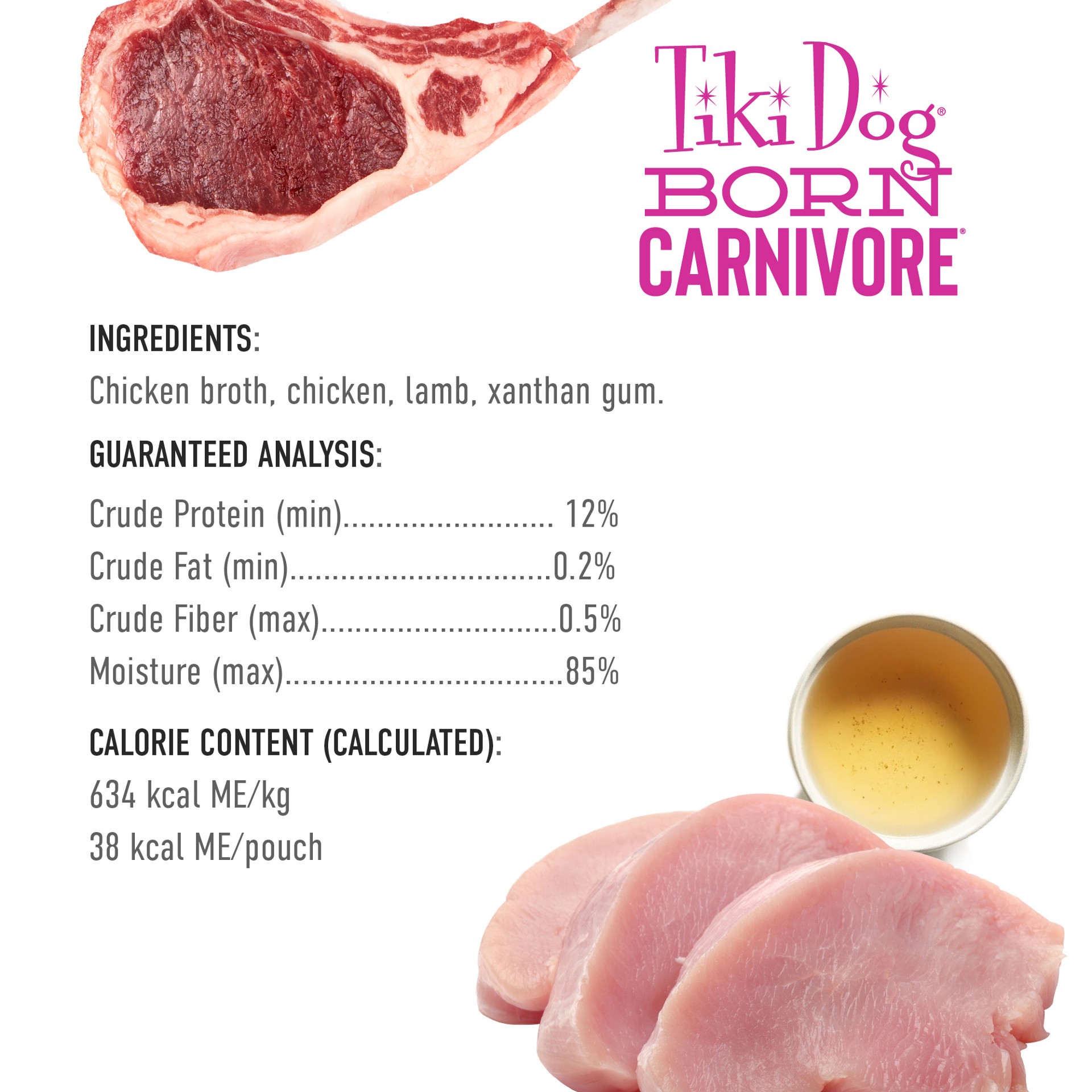 slide 2 of 7, Tiki Dog Born Carnivore Protein Booster Topper, Chicken and Lamb Recipe in Broth Dog Food Topper, 2.1 oz., 1 ct