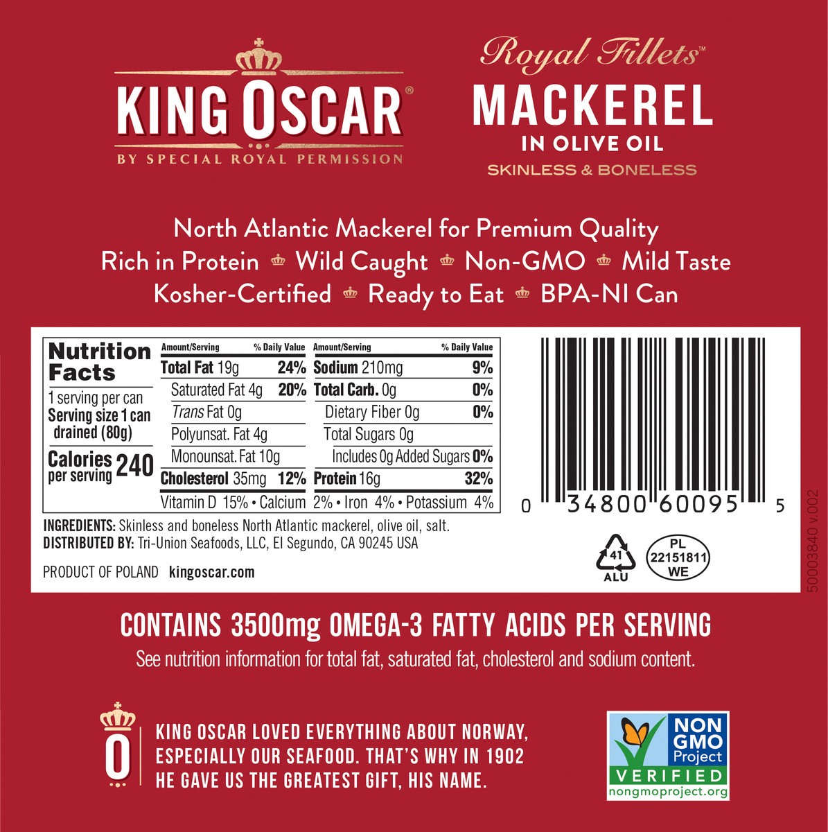 slide 3 of 3, King Oscar Royal Fillets Skinless & Boneless Mackerel in Olive Oil 4.05 oz, 4.05 oz