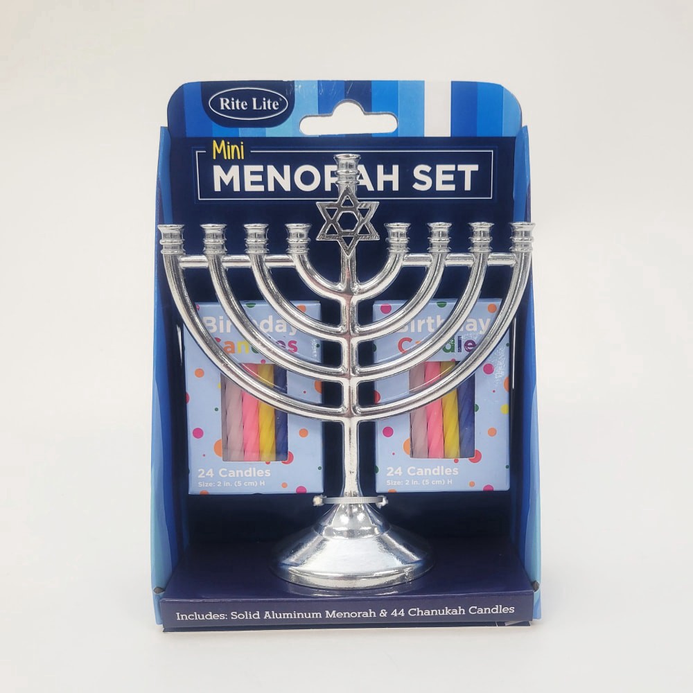 slide 1 of 1, Mini Menorah Set With Mini Candles, 3 ct