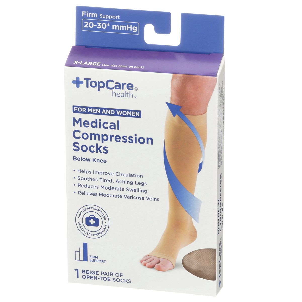 slide 8 of 8, TopCare Health Men & Women X-Large Medical Compression Socks Below Knee, Beige Open Toe, 1 pair