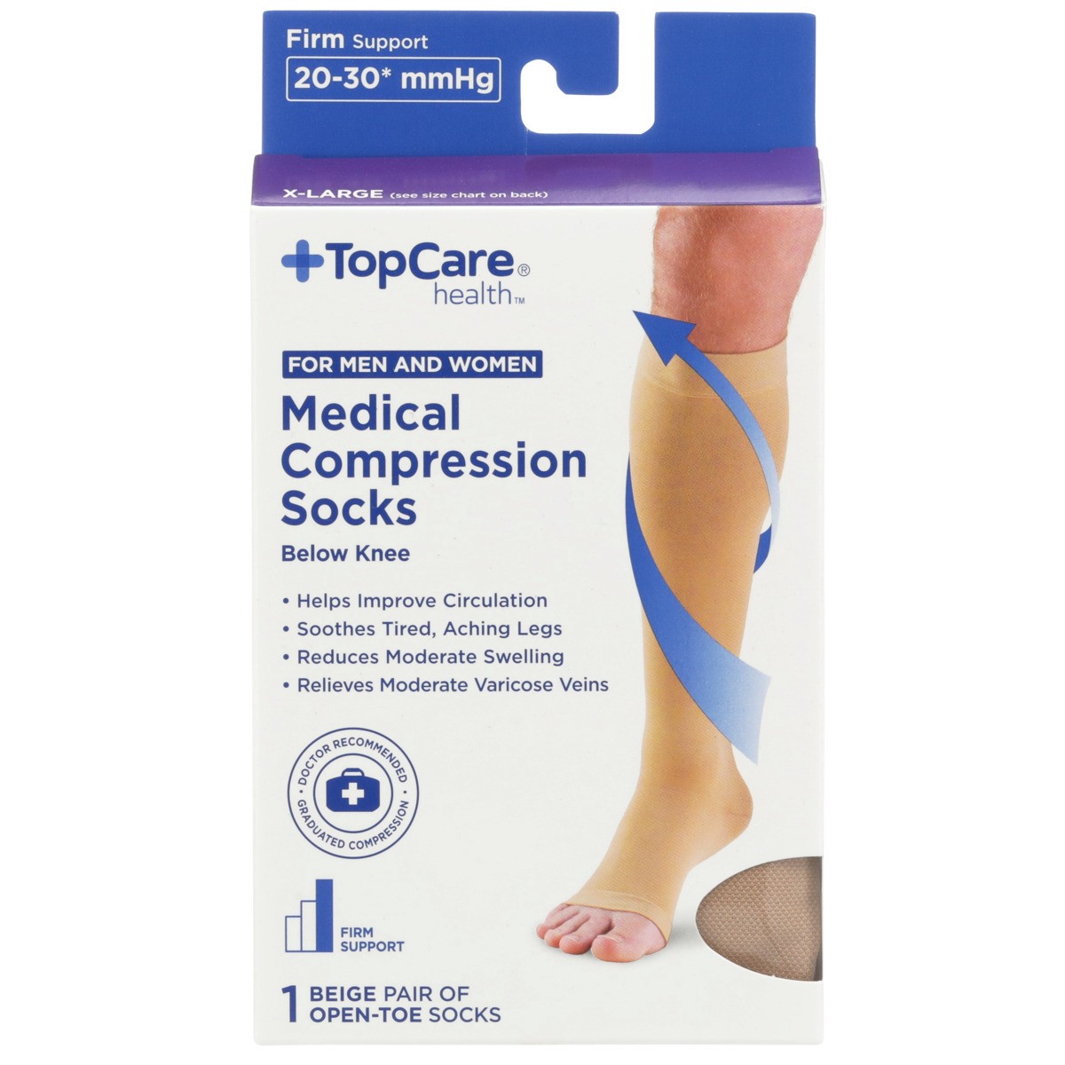 slide 4 of 8, TopCare Health Men & Women X-Large Medical Compression Socks Below Knee, Beige Open Toe, 1 pair